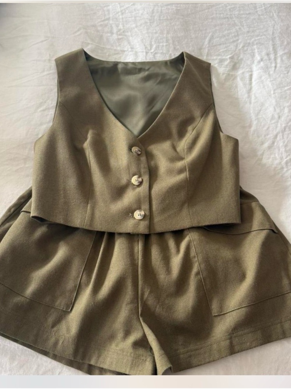 Commense Olive Green linen vest and shorts